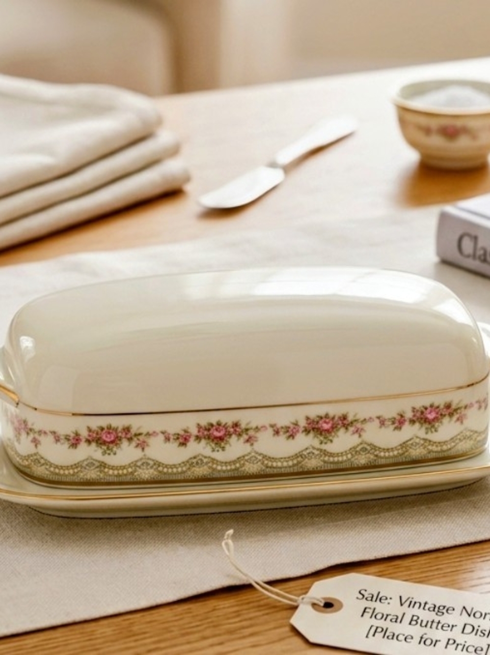 Floral Noritake Ceramic Butter Dish with Silver Trim - Cream